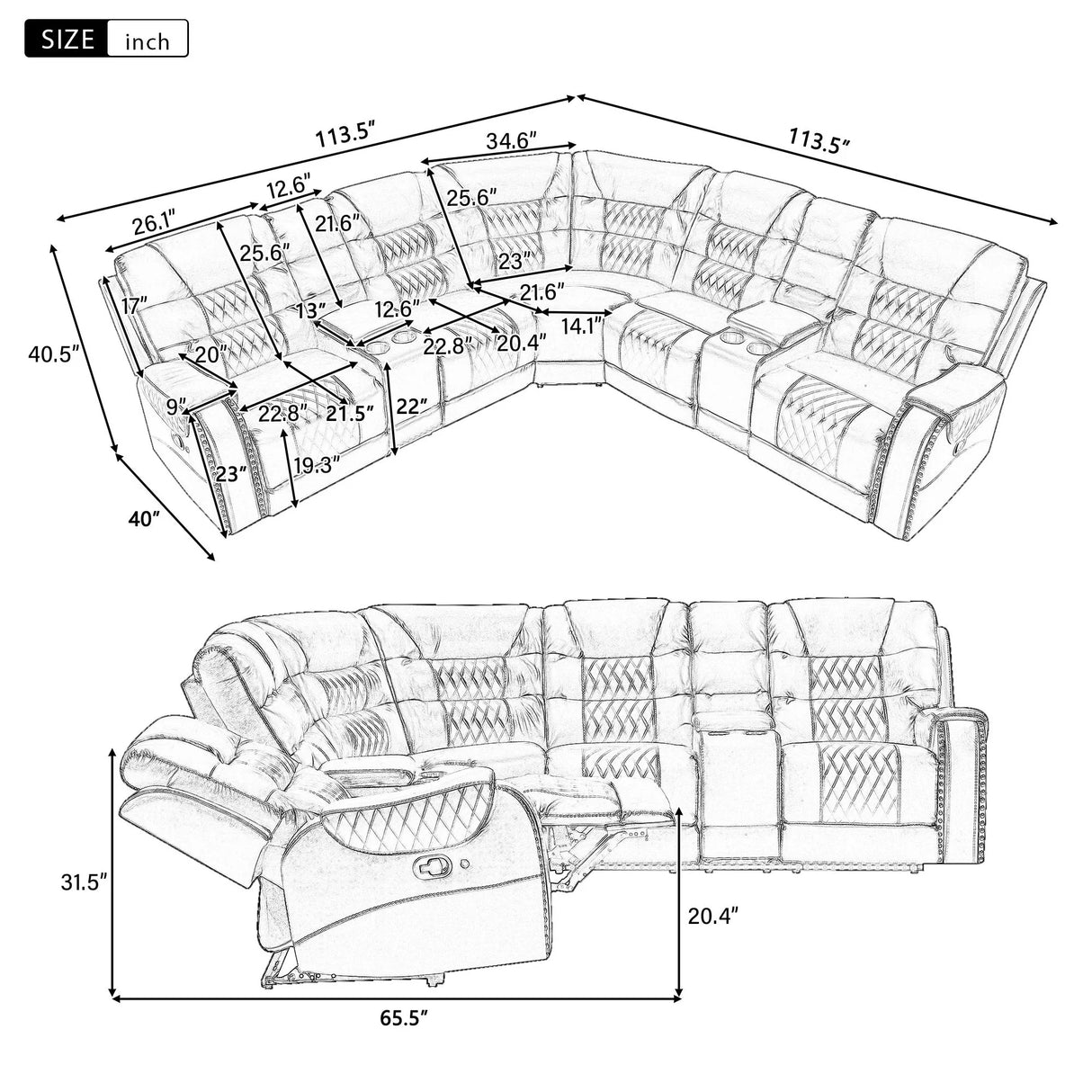 Manual Reclining Sectional Sofa Set, L Shaped Symmetrical Motion Sofa Corner Couch Sets With Storage Boxes, 4 Cup Holders And LED Light Strip For Living Room - Furniture Home Direct