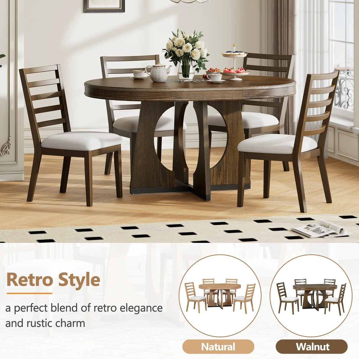 Dining Set Round Table With Four Upholstered Chairs Walnut - Furniture Home Direct