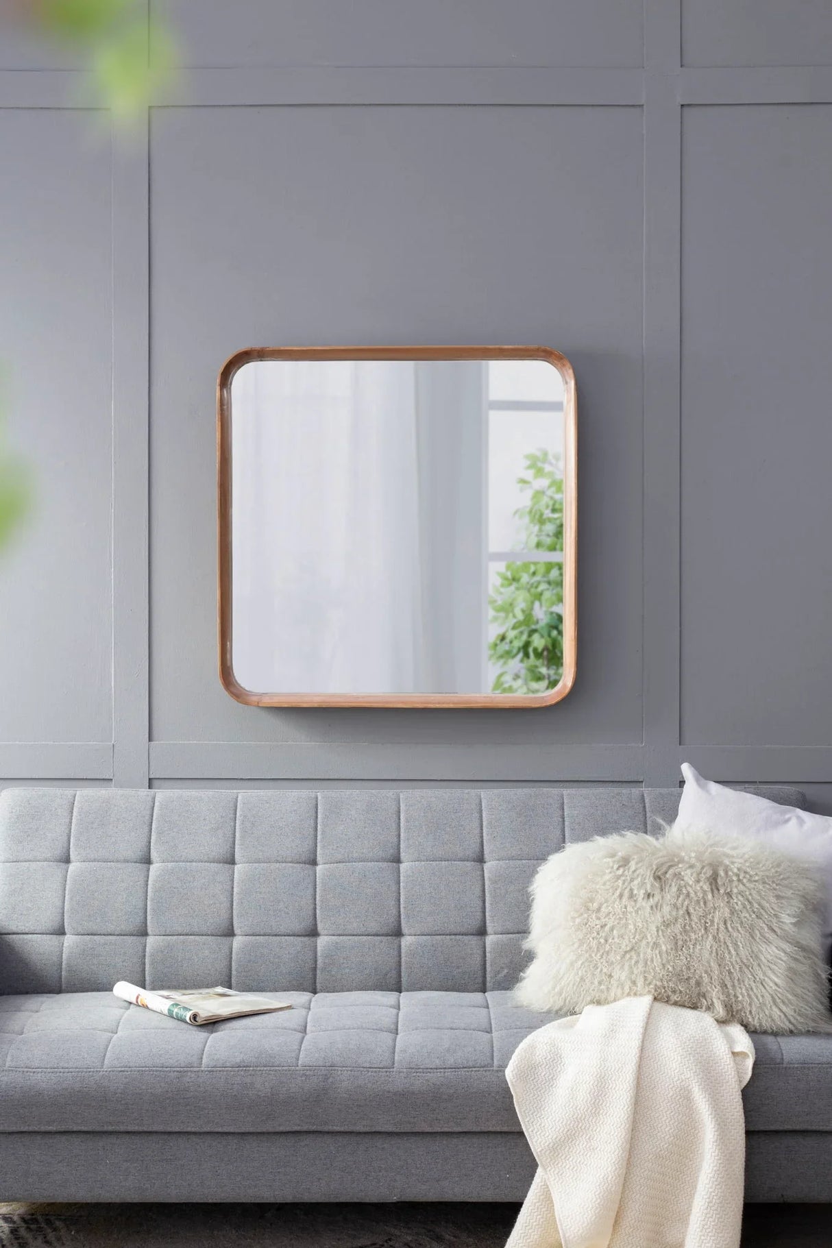 Square Mirror With Wood Frame, Wall Mirror For Living Room Bathroom Entryway - Brown - Furniture Home Direct