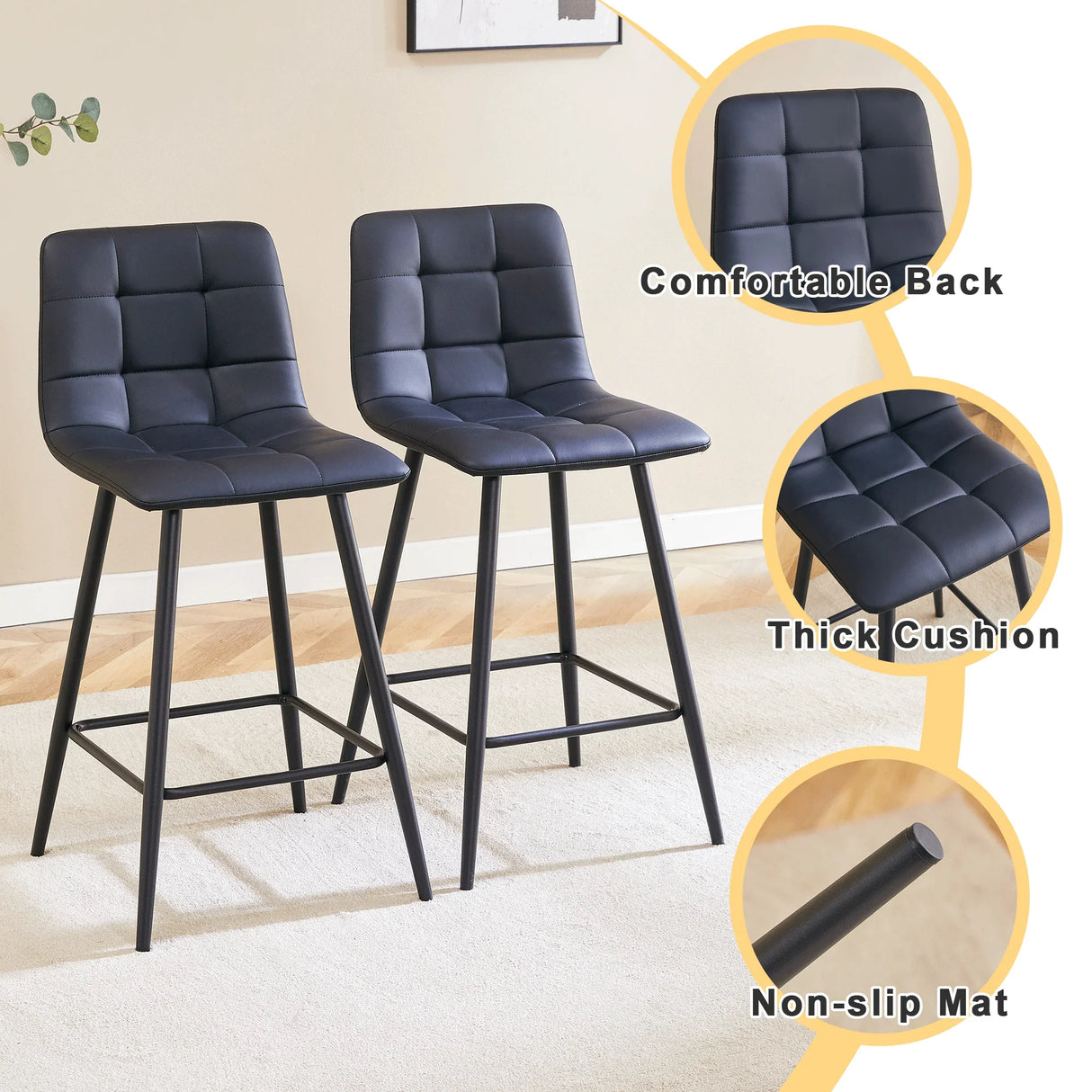 Counter Stool Set Faux Leather Tufted Cushions Black - Furniture Home Direct