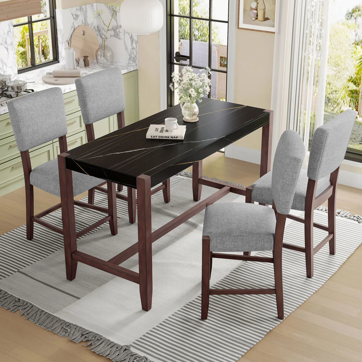5 Piece Counter Height Dining Set, Bar Table With 4 Upholstered Chairs - Furniture Home Direct