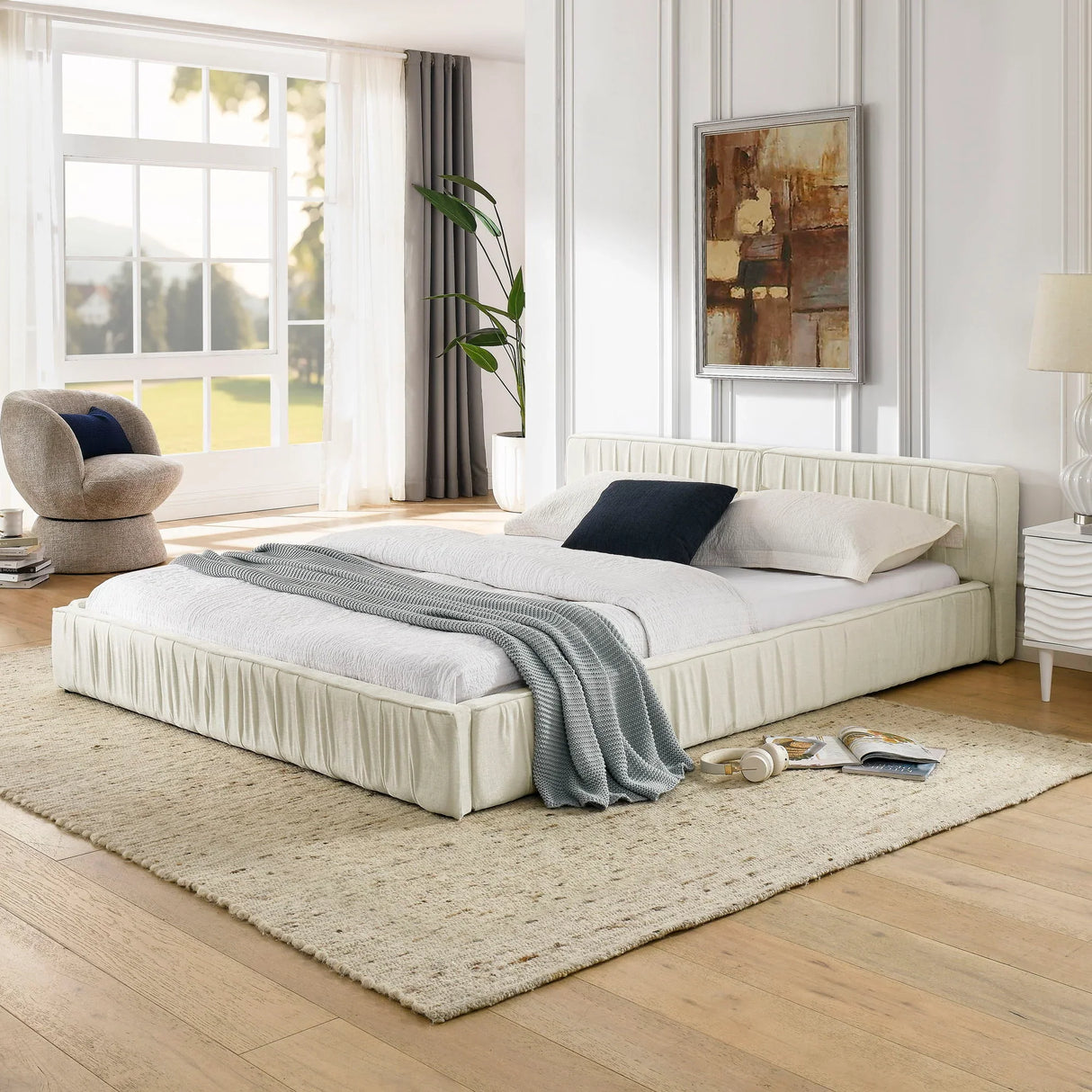 Modern Upholstered Platform Bed Frame With Pleated Design - Furniture Home Direct