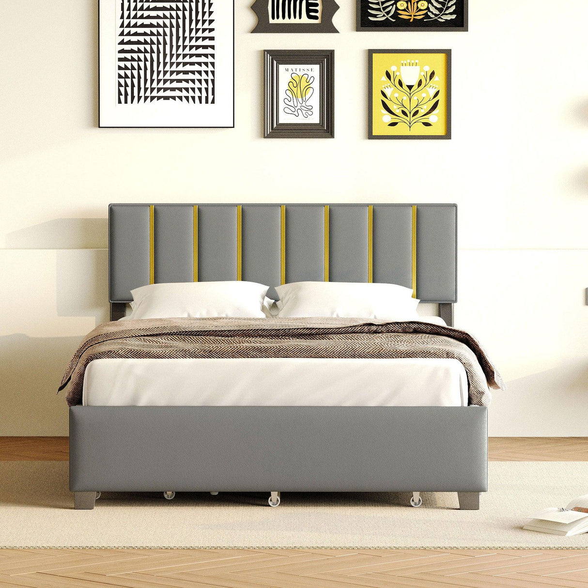 Upholstered Platform Bed With 2 Drawers And 1 Trundle, Classic Strip Headboard Design - Furniture Home Direct