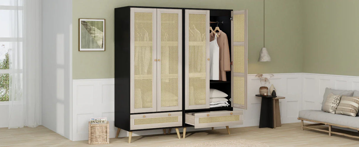 Wardrobe With 2 Rattan Doors And Drawer Natural Black - Furniture Home Direct