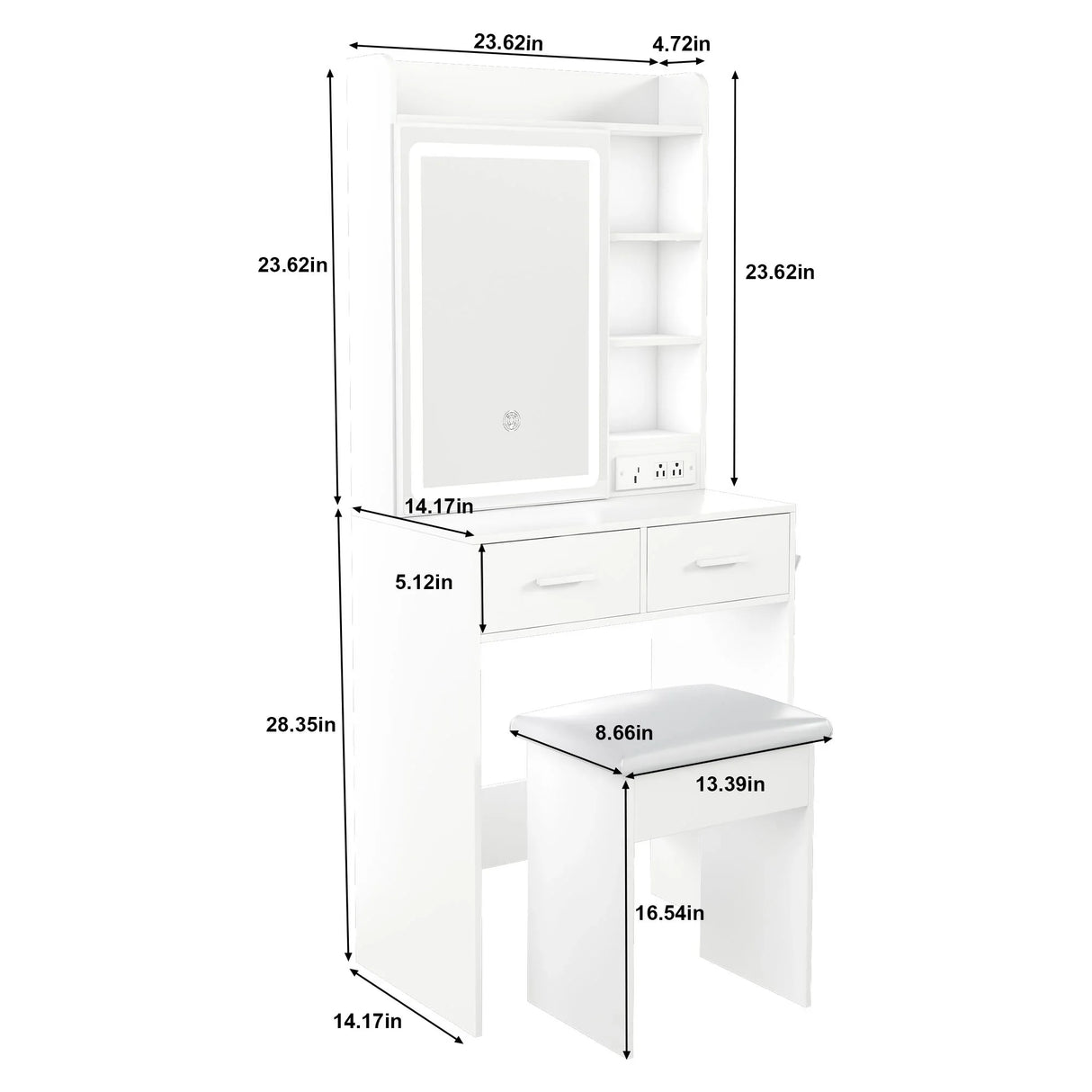 Space Saving Makeup Vanity Desk With Mirror & Adjustable Led Lights, Built-In Power Outlet, Hidden Storage, Includes Stool & Shelf - White - Furniture Home Direct
