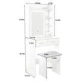 Space Saving Makeup Vanity Desk With Mirror & Adjustable Led Lights, Built-In Power Outlet, Hidden Storage, Includes Stool & Shelf - White - Furniture Home Direct