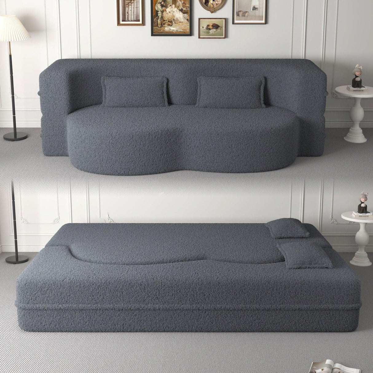 Modern Floor Sofa, With 2 Pillows, Convertible Teddy Fabric Foam Filled Bed - Furniture Home Direct