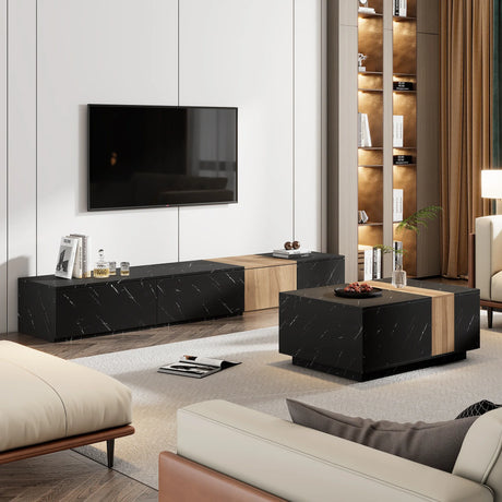 TV Stand Modern Marble Look With Wood Accent Black - Furniture Home Direct