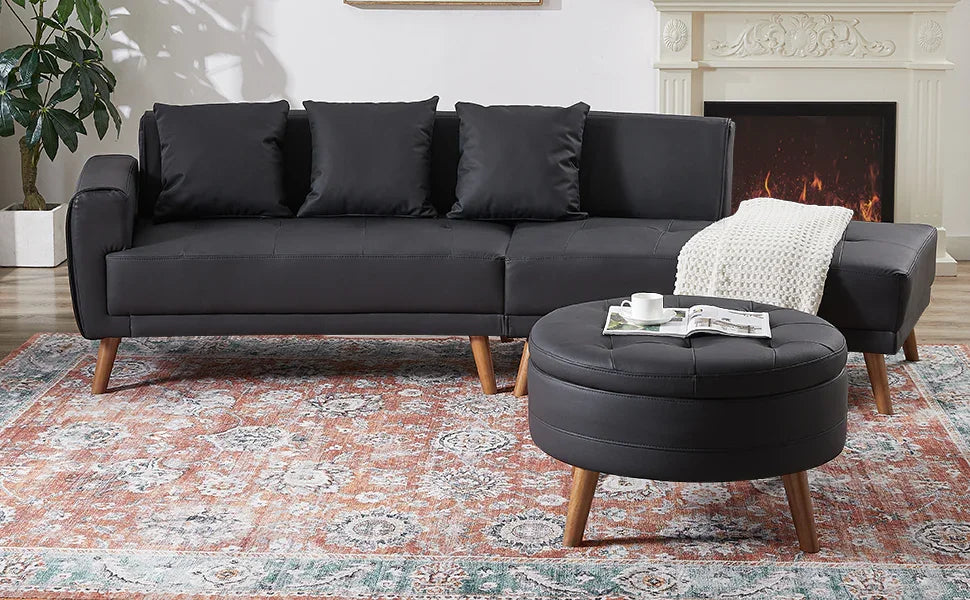 107 Inch Black Sectional With Round Storage Ottoman - Furniture Home Direct