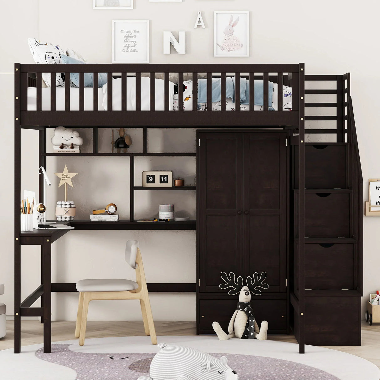 Loft Bed With Bookshelf, Drawers, Desk, And Wardrobe - Furniture Home Direct