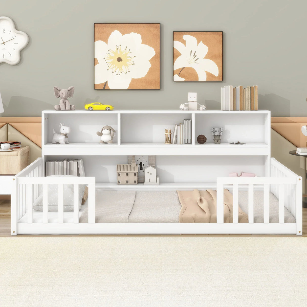 Floor Bed With Bedside Bookcase, Shelves, Guardrails - Furniture Home Direct