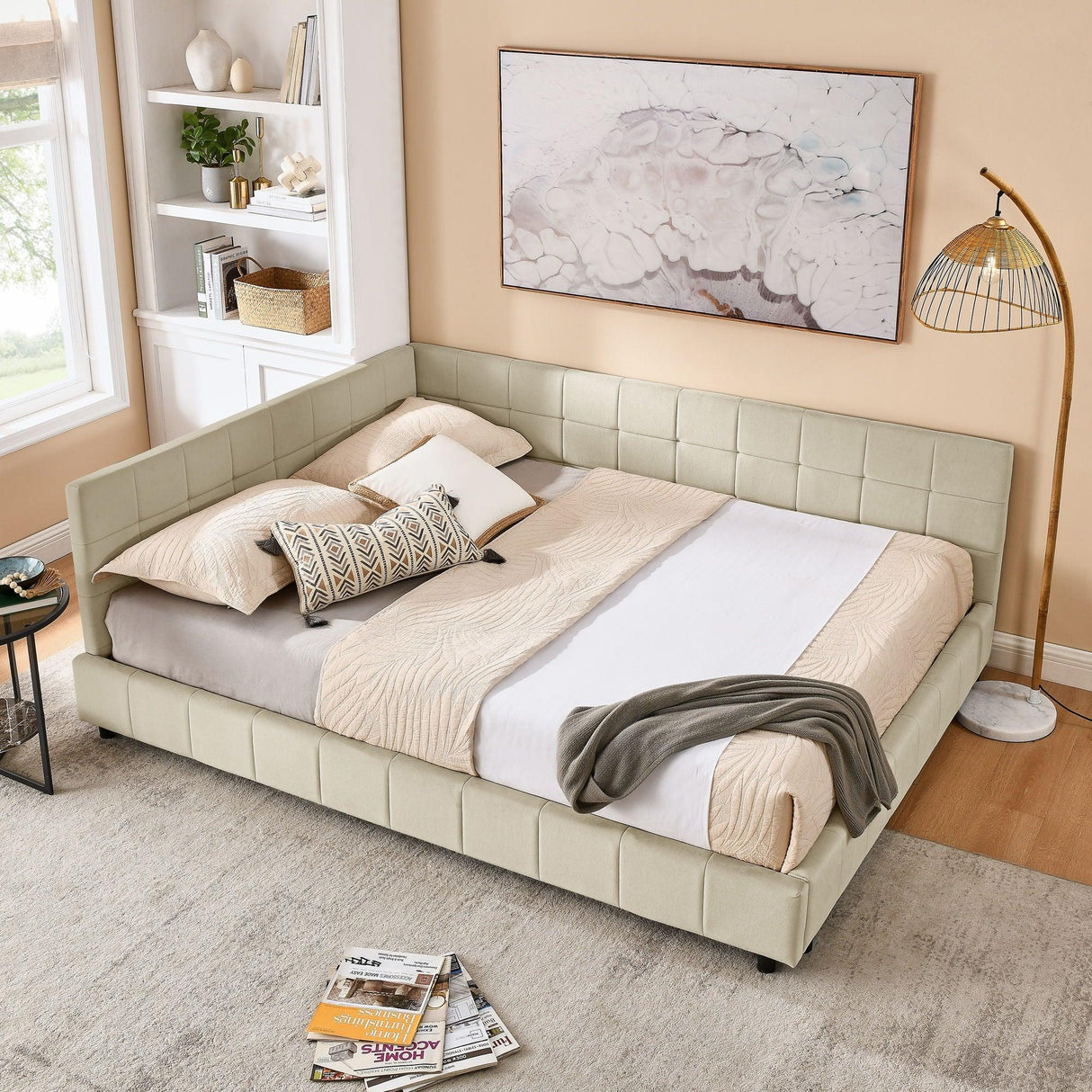 Mid-Century Storage Upholstered Tufted Bed Frame With Backrest And Armrests - Furniture Home Direct