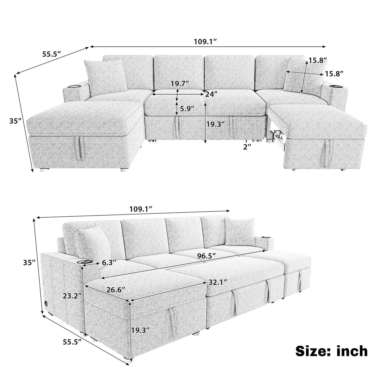 Sectional Sofa Convertible Pull-Out Bed With Storage Ottoman & USB Ports - Furniture Home Direct