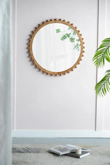 Wood Round Mirror With Beaded Frame, Circle Wall Mirror For Living Room Bedroom Entryway - Brown - Furniture Home Direct