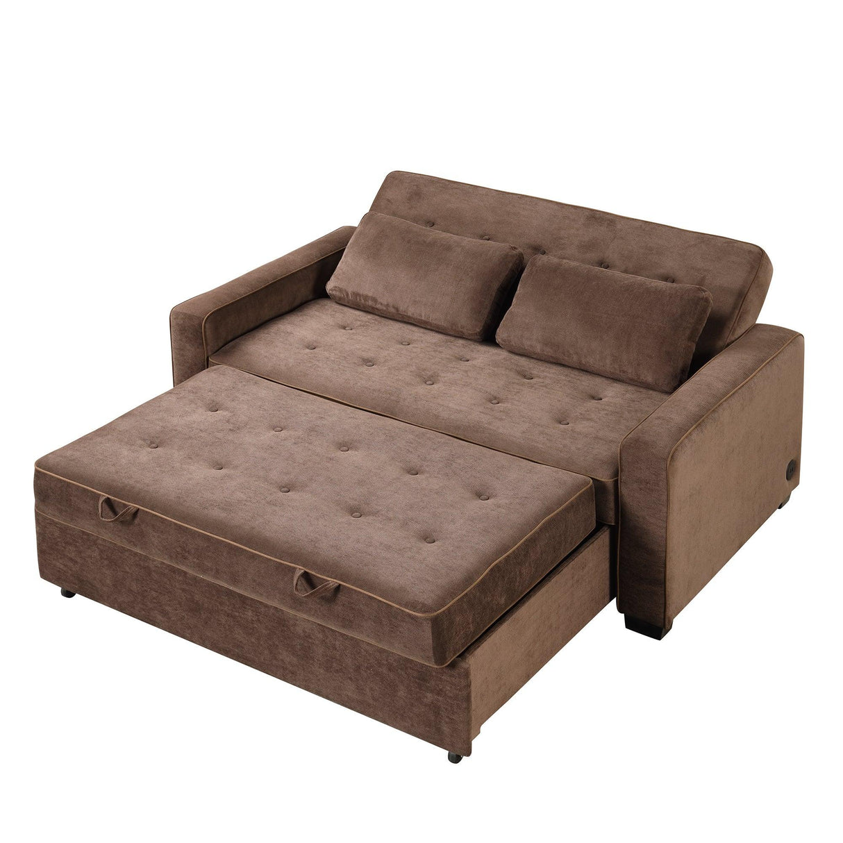 66.5" Upholstered Loveseat With Pull Out Bed, Two Throw Pillows, Dual USB Charging Port and Adjustable Backrest - Brown - Furniture Home Direct