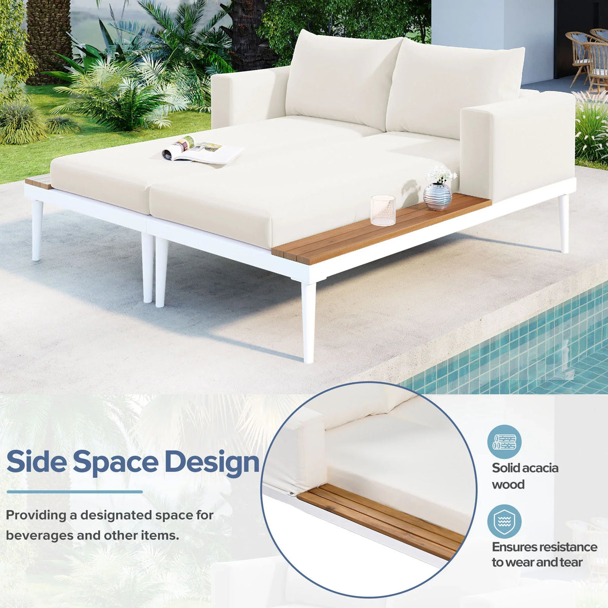 Outdoor Chaise Lounge Modern Cushions Wood Tray Beige - Furniture Home Direct