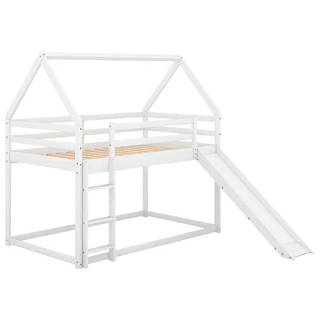 Twin Size Bunk House Bed With Slide And Ladder - White - Furniture Home Direct