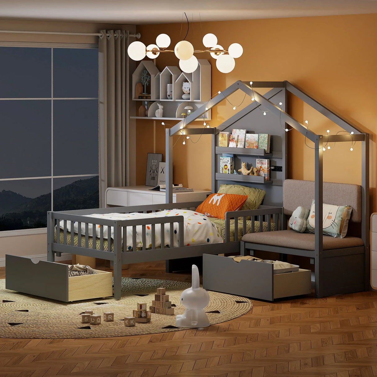 House Bed With Upholstered Sofa, Wireless Charging Station, Shelves And 2 Drawers - Furniture Home Direct