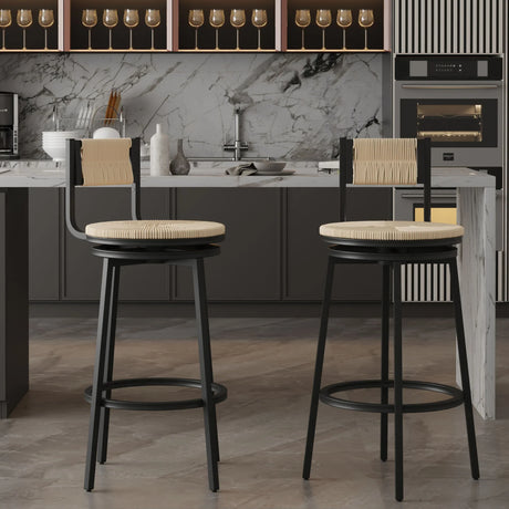 Bar Stools Swivel Counter Chairs With Metal Frame Hand Woven Paper Rope Dining Barstools For Kitchen Counter (Set of 2) - Furniture Home Direct