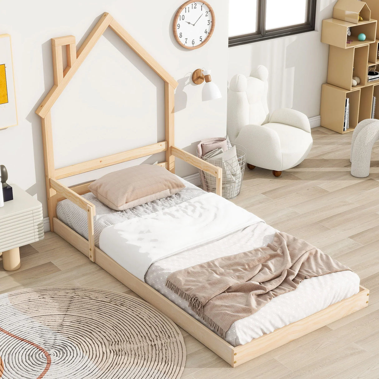 Twin House-Shaped Headboard Floor Bed With Handrails, Slats - Furniture Home Direct