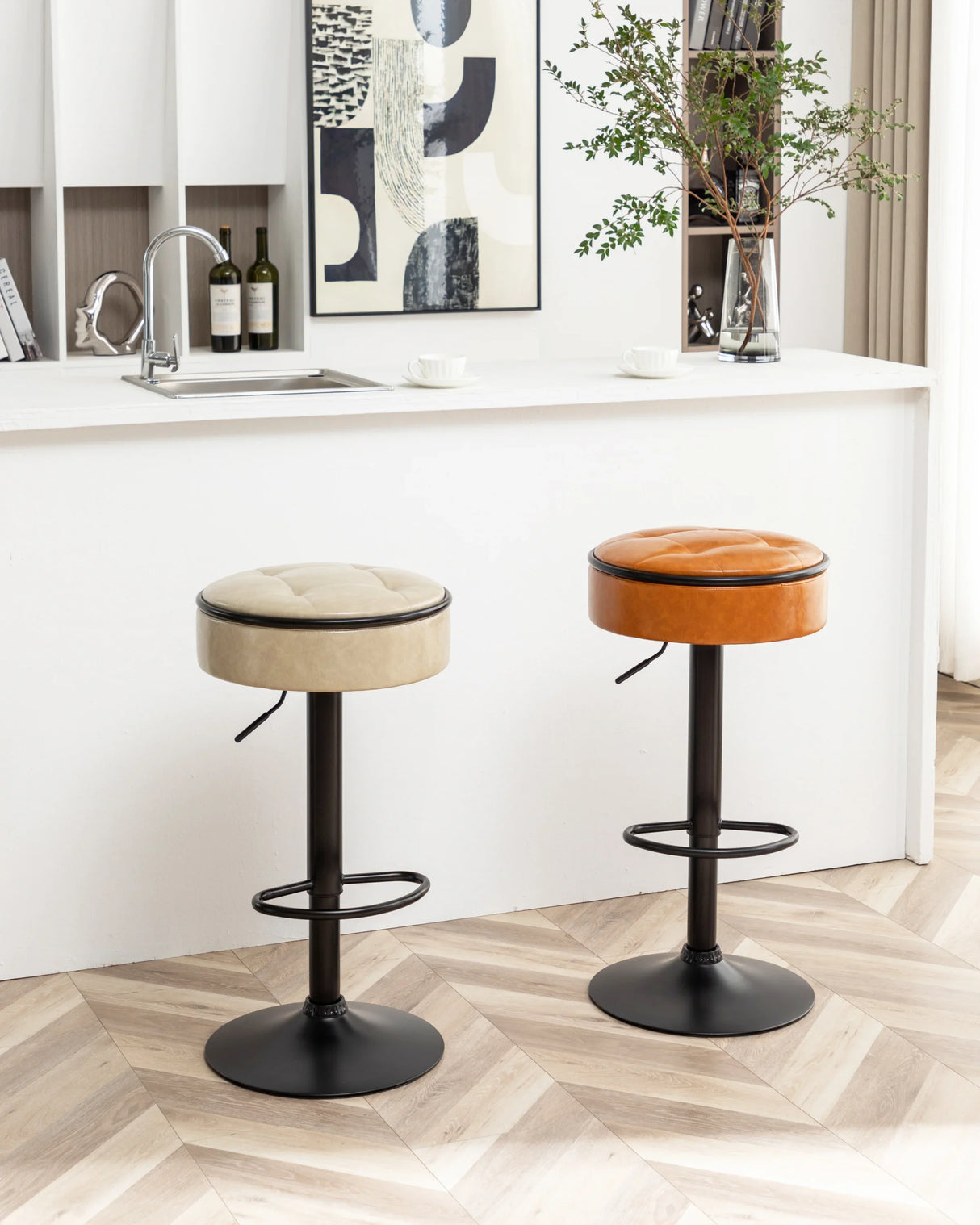 Bar Stool Round Tufted PU Leather Adjustable Height Brown - Furniture Home Direct