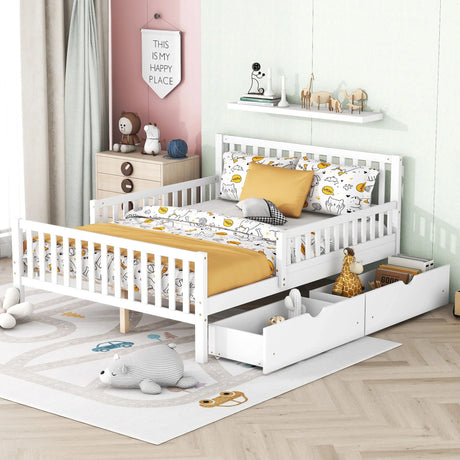 Platform Bed With Guardrails On Both Sides And 2 Storage Drawers - Furniture Home Direct