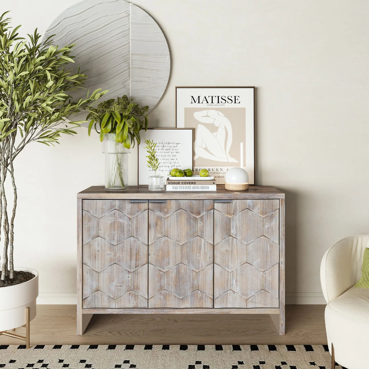 Accent Cabinet Farmhouse Style 3 Door Wooden Cabinet Sideboard Buffet Server Cabinet Storage Cabinet, For Living Room - Natural Wood Wash - Furniture Home Direct
