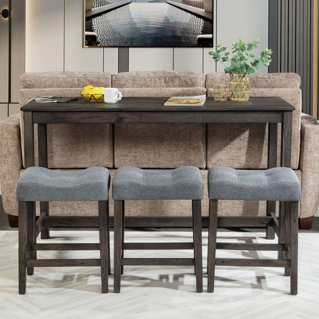 4 Piece Bar Table Set With Power Outlet, 3 Padded Stools - Furniture Home Direct