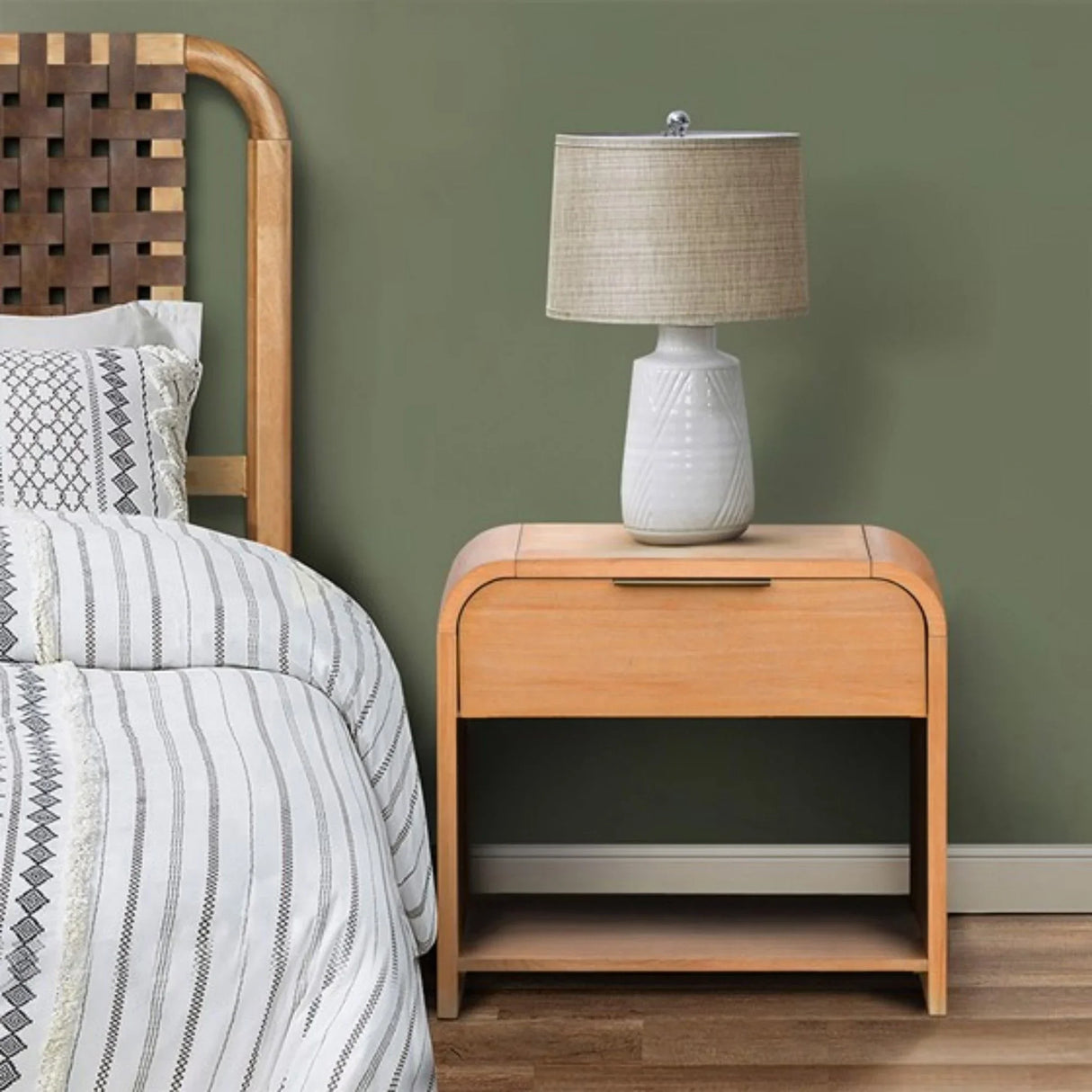 Modern 1 Drawer Waterfall Nightstand With Mid Century Design - Natural - Furniture Home Direct