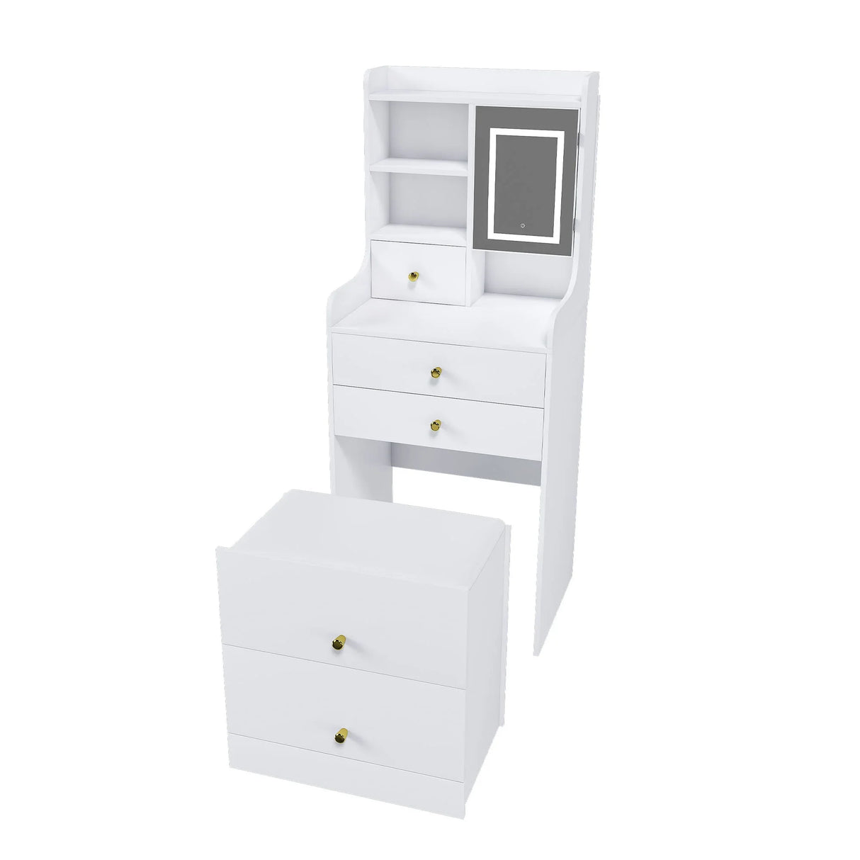3 In 1 Dressing Table With LED Mirror & Storage Stool, Compact Makeup Vanity - White - Furniture Home Direct