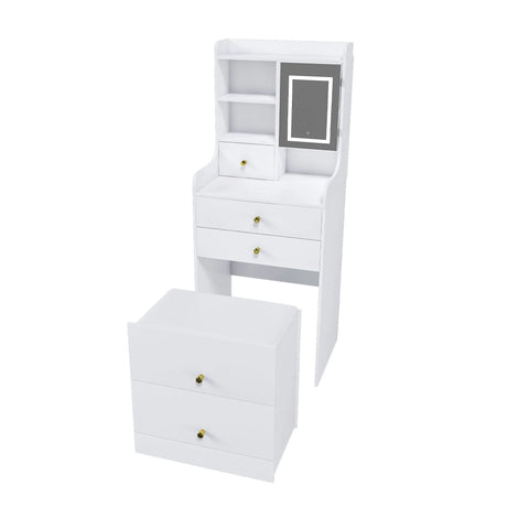 3 In 1 Dressing Table With LED Mirror & Storage Stool, Compact Makeup Vanity - White - Furniture Home Direct