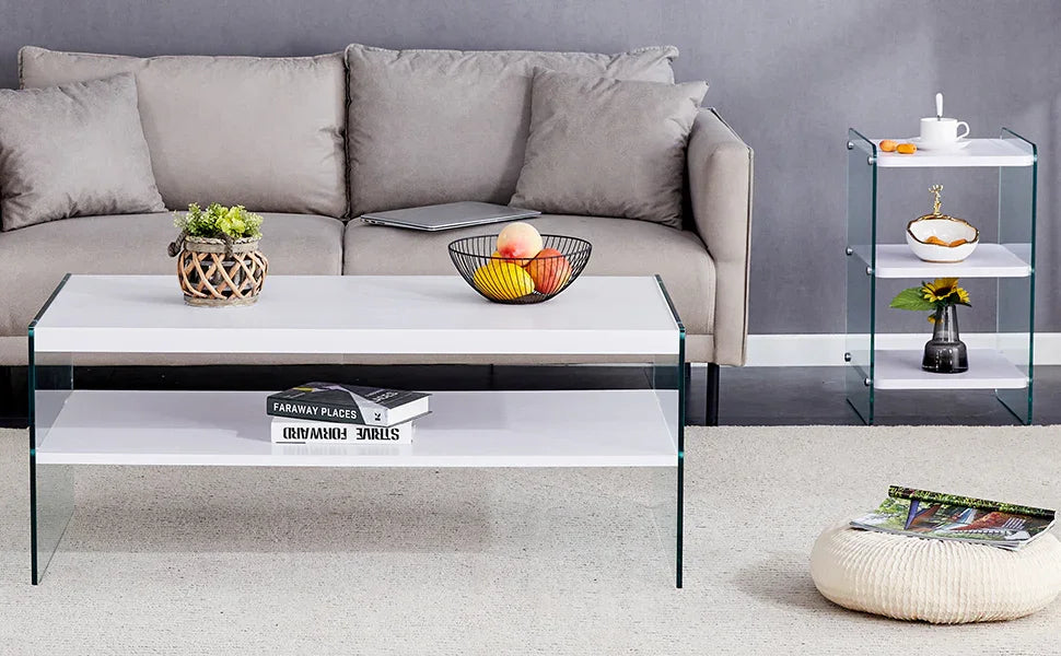 Coffee Table Three Tier MDF Glass Sides Shelves Modern White - Furniture Home Direct