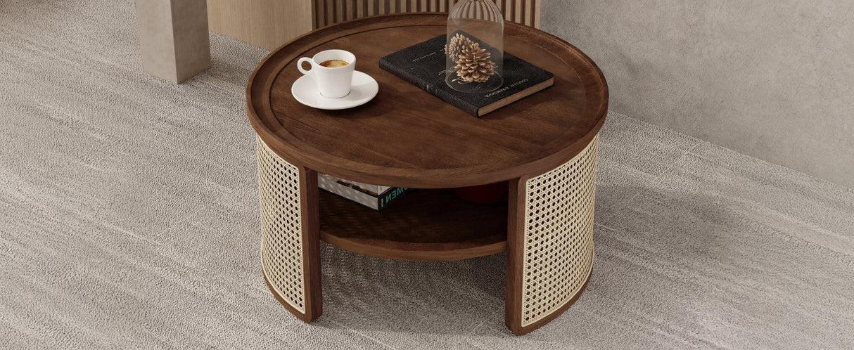 2-Tiered Round Walnut Wood Coffee Table - Furniture Home Direct