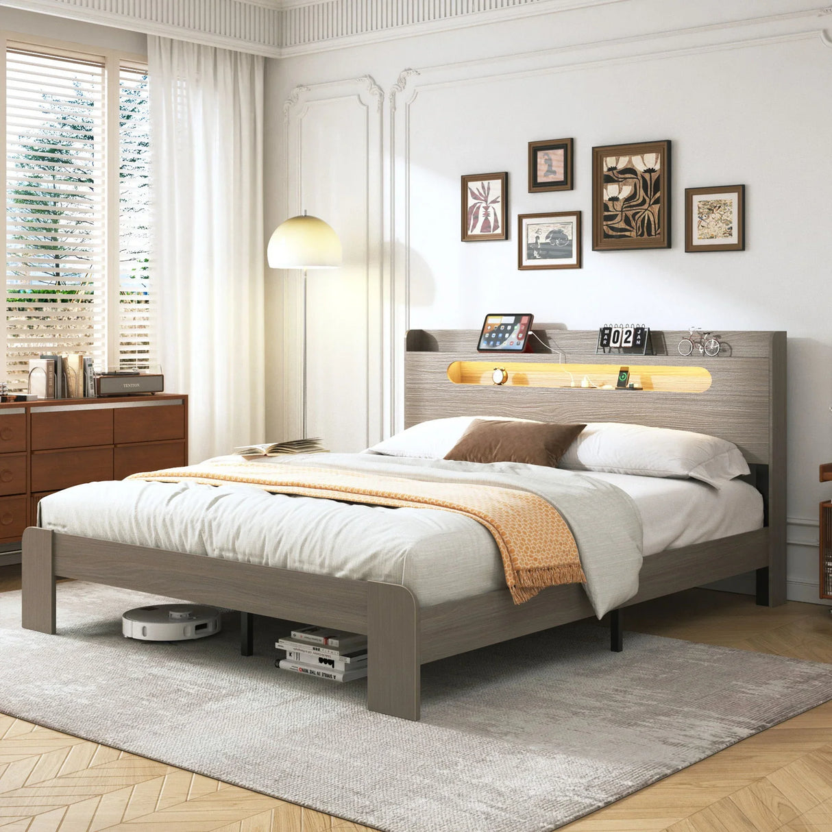King Size Platform Bed Frame With Storage LED Light Headboard And Usb, Noise Free - Dark Gray - Furniture Home Direct