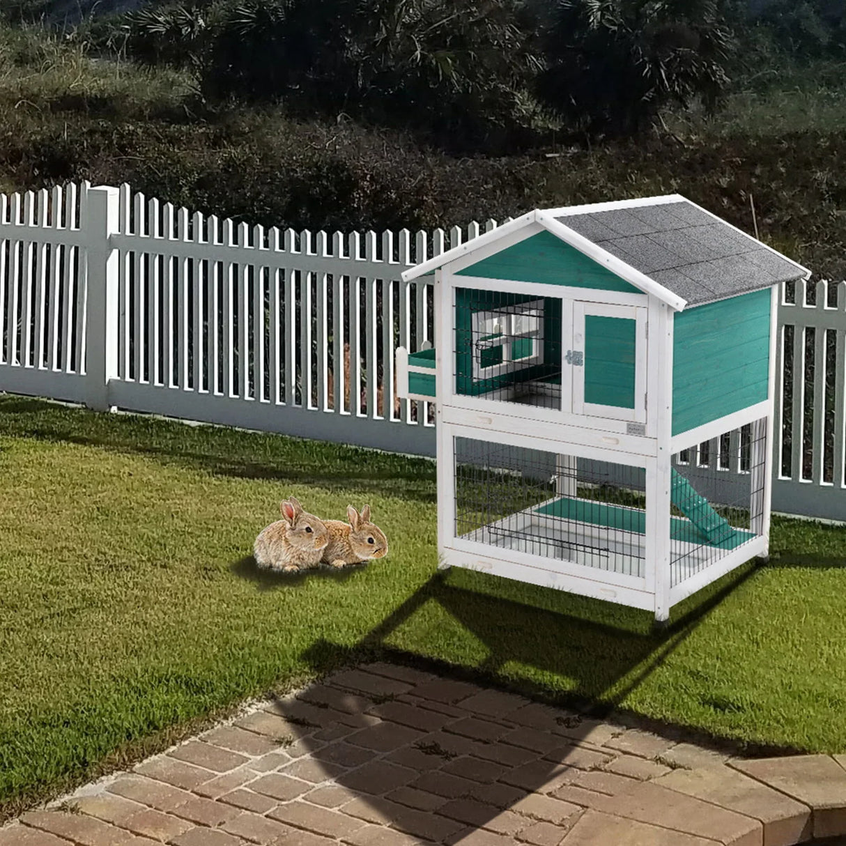 2 Story Wooden Rabbit Hutch Outdoor Indoor Bunny Cage Pull Out Tray, Waterproof Roof - Green - Furniture Home Direct