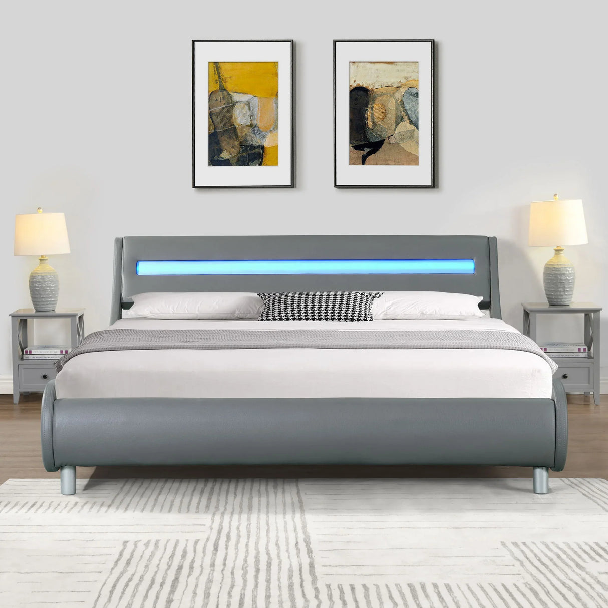 Queen Size Upholstered Platform Bed Frame With LED Lighting, Curve Design, Wood Slat Support, No Box Spring Needed - Gray - Furniture Home Direct