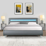 Queen Size Upholstered Platform Bed Frame With LED Lighting, Curve Design, Wood Slat Support, No Box Spring Needed - Gray - Furniture Home Direct