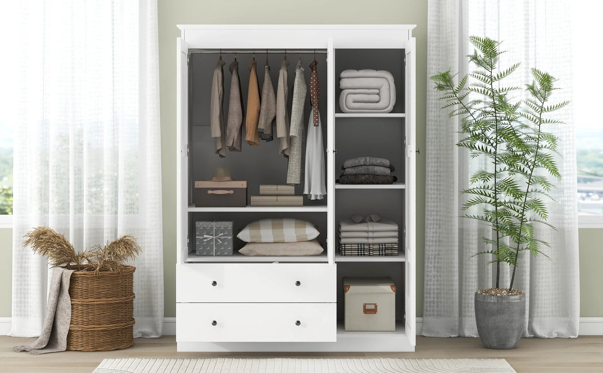 3 Shutter Door Wardrobe Armoire Closet with 2 Drawers, White - Furniture Home Direct