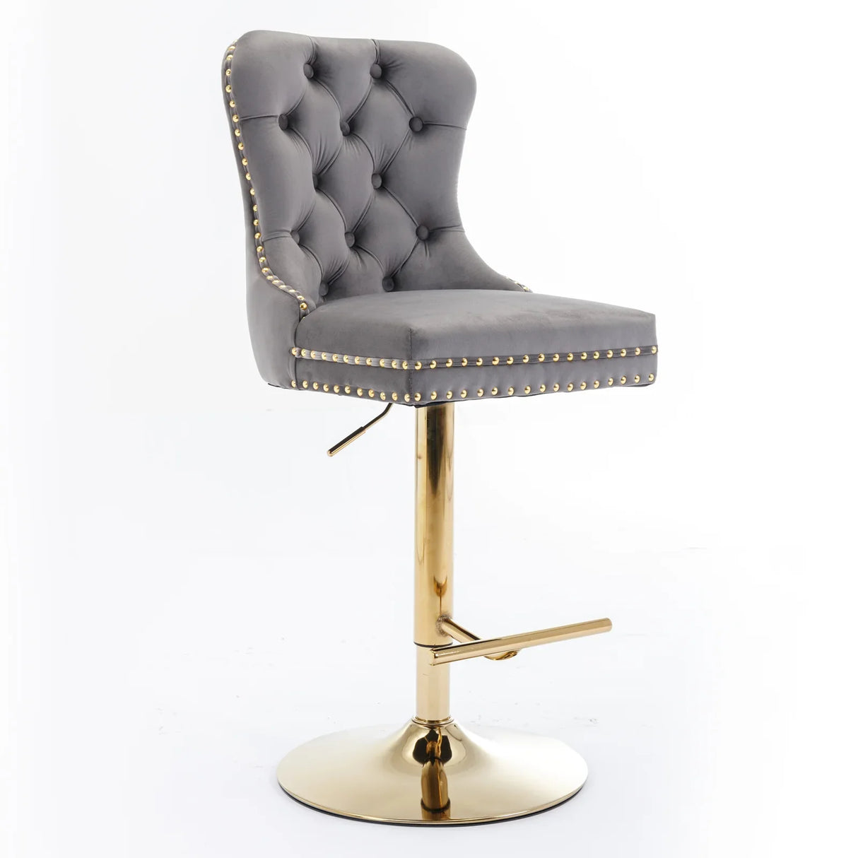 Counter Stools Tufted Velvet Back Swivel Gold Base Gray - Furniture Home Direct