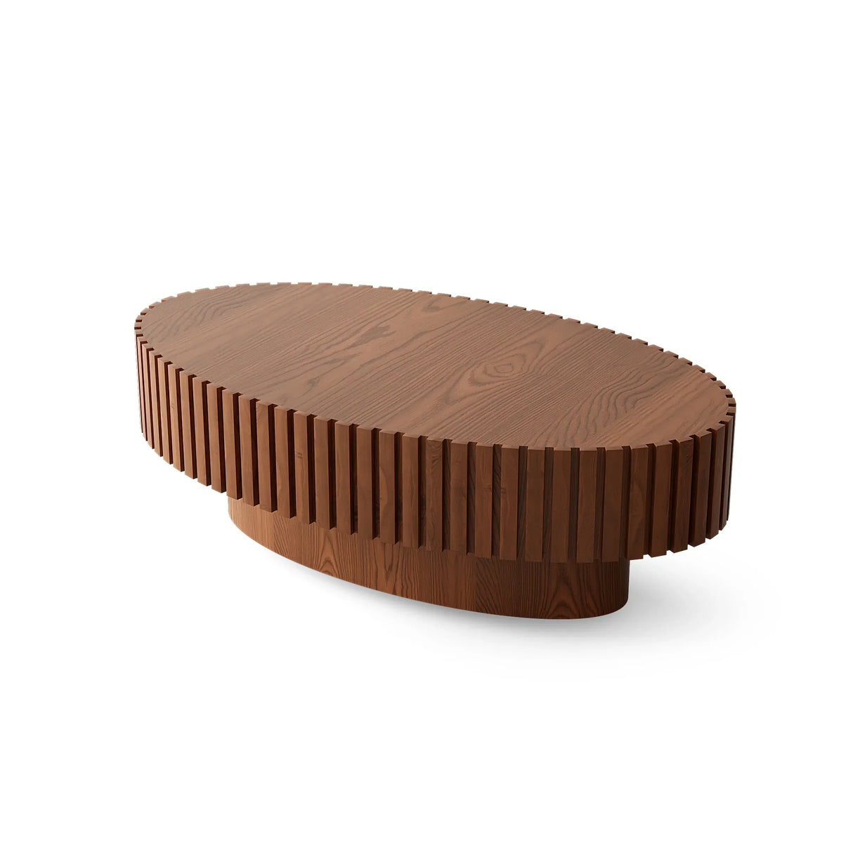 Coffee Table Oval Wood Slatted Rivet Detail Modern Brown - Furniture Home Direct