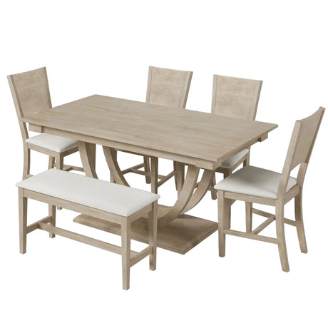 Topmax - 6 Piece Wood Half Round Dining Table Set Kitchen Table Set With Long Bench And 4 Dining Chairs, Modern Style - Furniture Home Direct