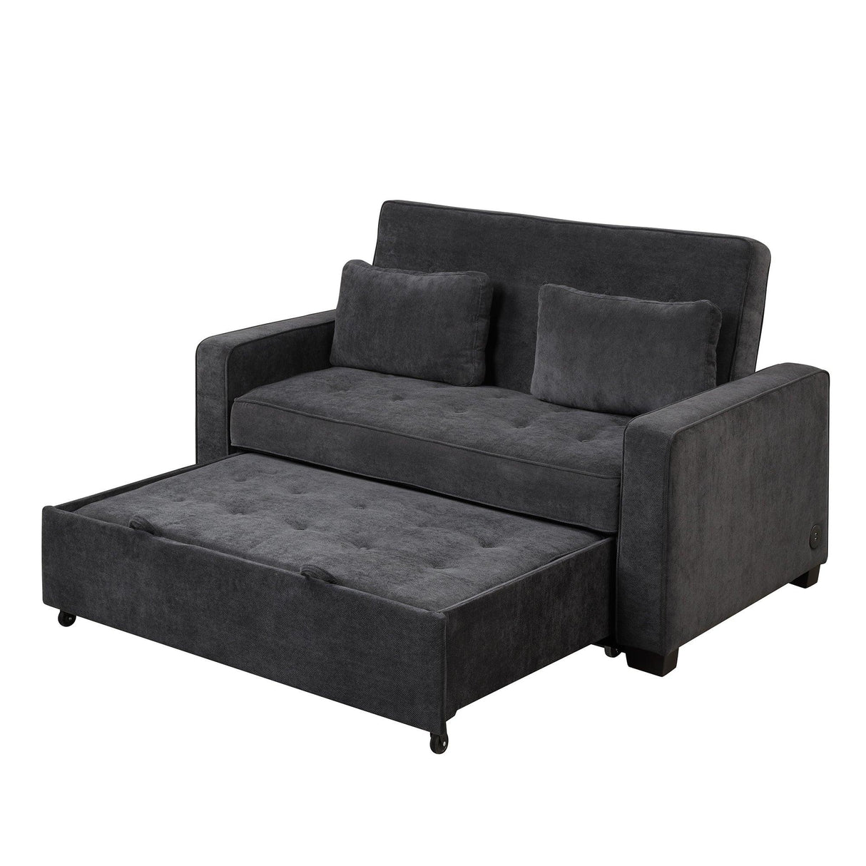 66.5" Upholstered Loveseat With Pull Out Bed, Two Throw Pillows, Dual USB Charging Port and Adjustable Backrest - Black - Furniture Home Direct