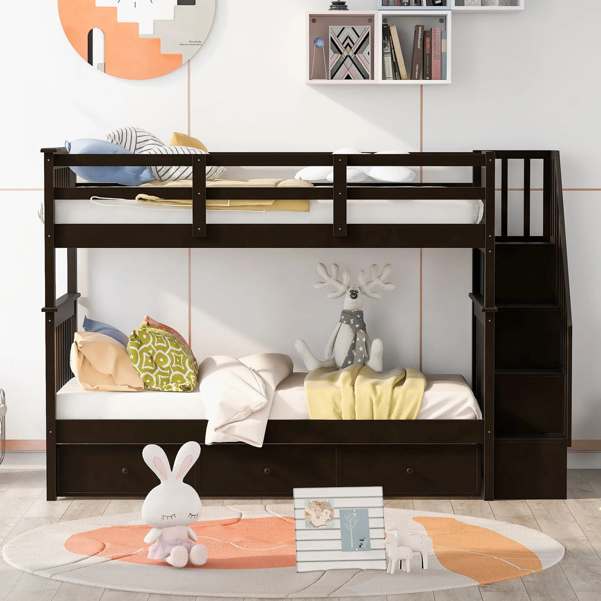 Stairway Bunk Bed With Storage And Guard Rail For Bedroom - Furniture Home Direct