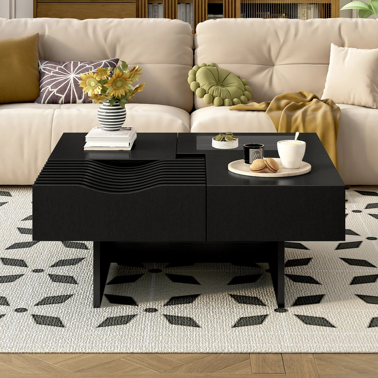 Coffee Table Mid Century Modern Wood Slotted Surface Black - Furniture Home Direct