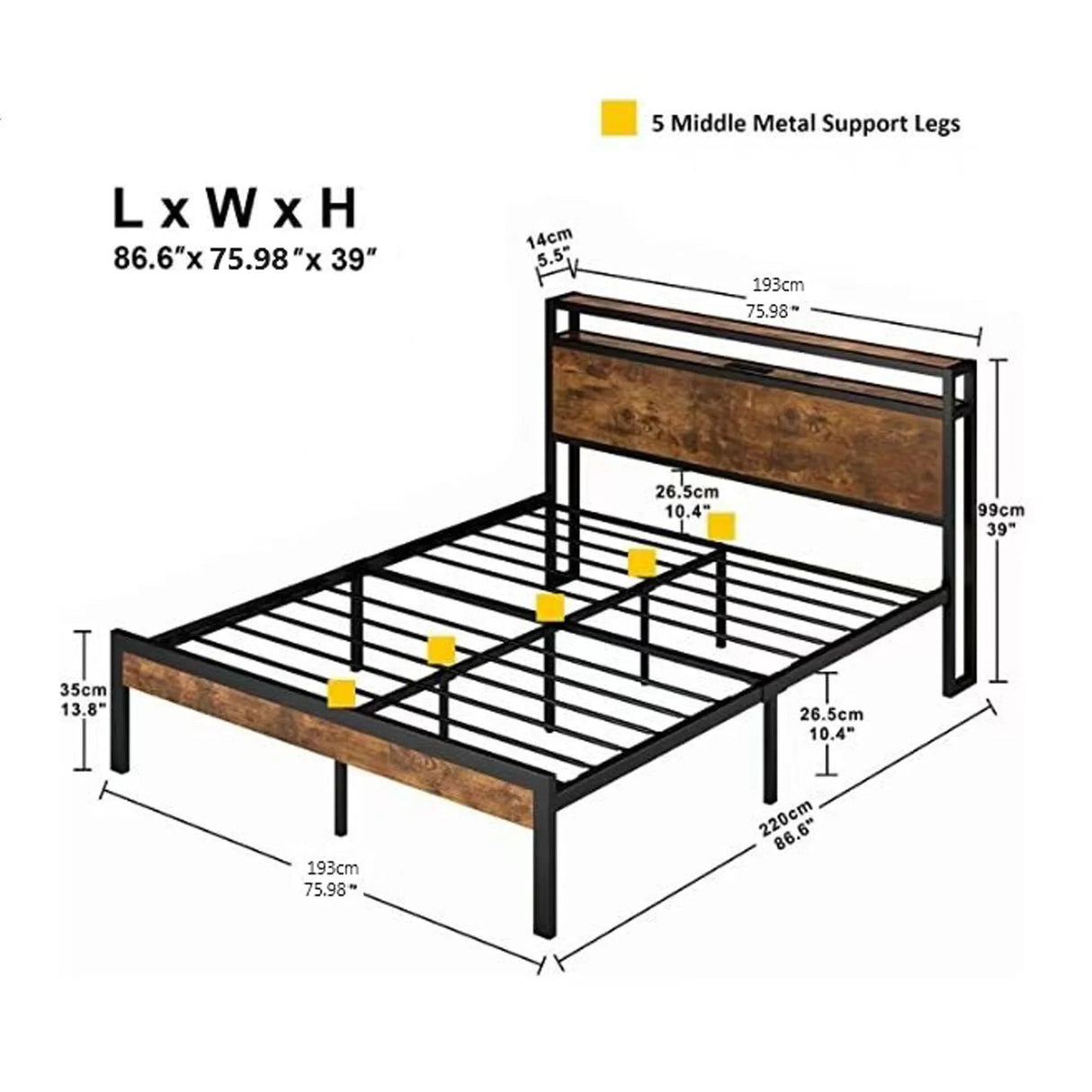 Metal Platform Bed Frame With Wooden Headboard And Footboard With USB Liner, No Box Spring Needed, Under Bed Storage - Furniture Home Direct
