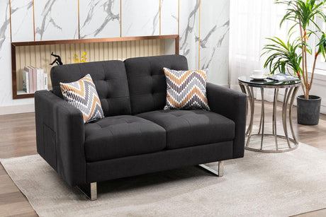 Victoria - Linen Fabric Loveseat With Metal Legs, Side Pockets, And Pillows - Furniture Home Direct
