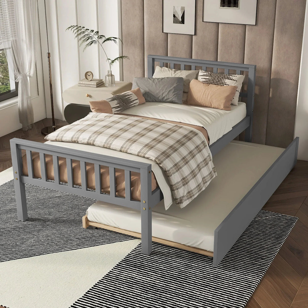 Twin Bed With Trundle, Platform Bed Frame With Headboard And Footboard, For Bedroom Small Living Space, No Box Spring Needed - Furniture Home Direct