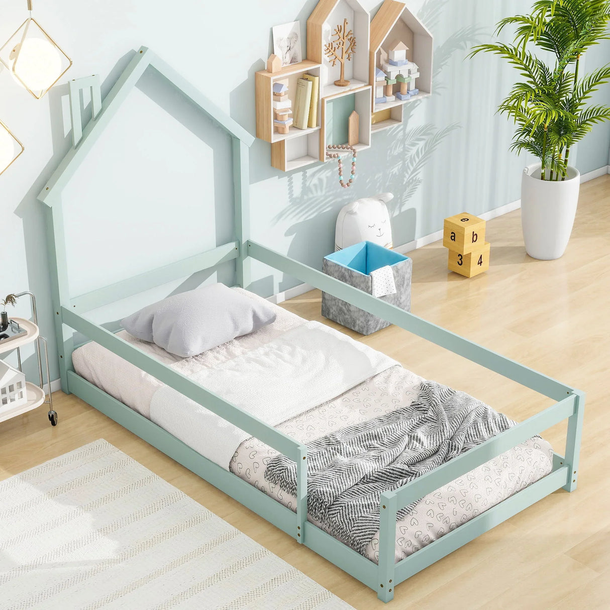 Wood Bed With House Shaped Headboard Floor Bed With Fences - Furniture Home Direct