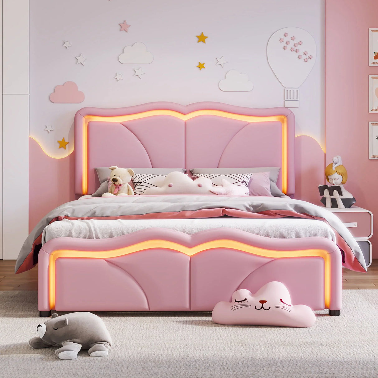 Upholstered Platform Bed & Curve Shaped And Height Adjustable Headboard, LED Light Strips - Furniture Home Direct