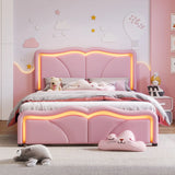 Upholstered Platform Bed & Curve Shaped And Height Adjustable Headboard, LED Light Strips - Furniture Home Direct